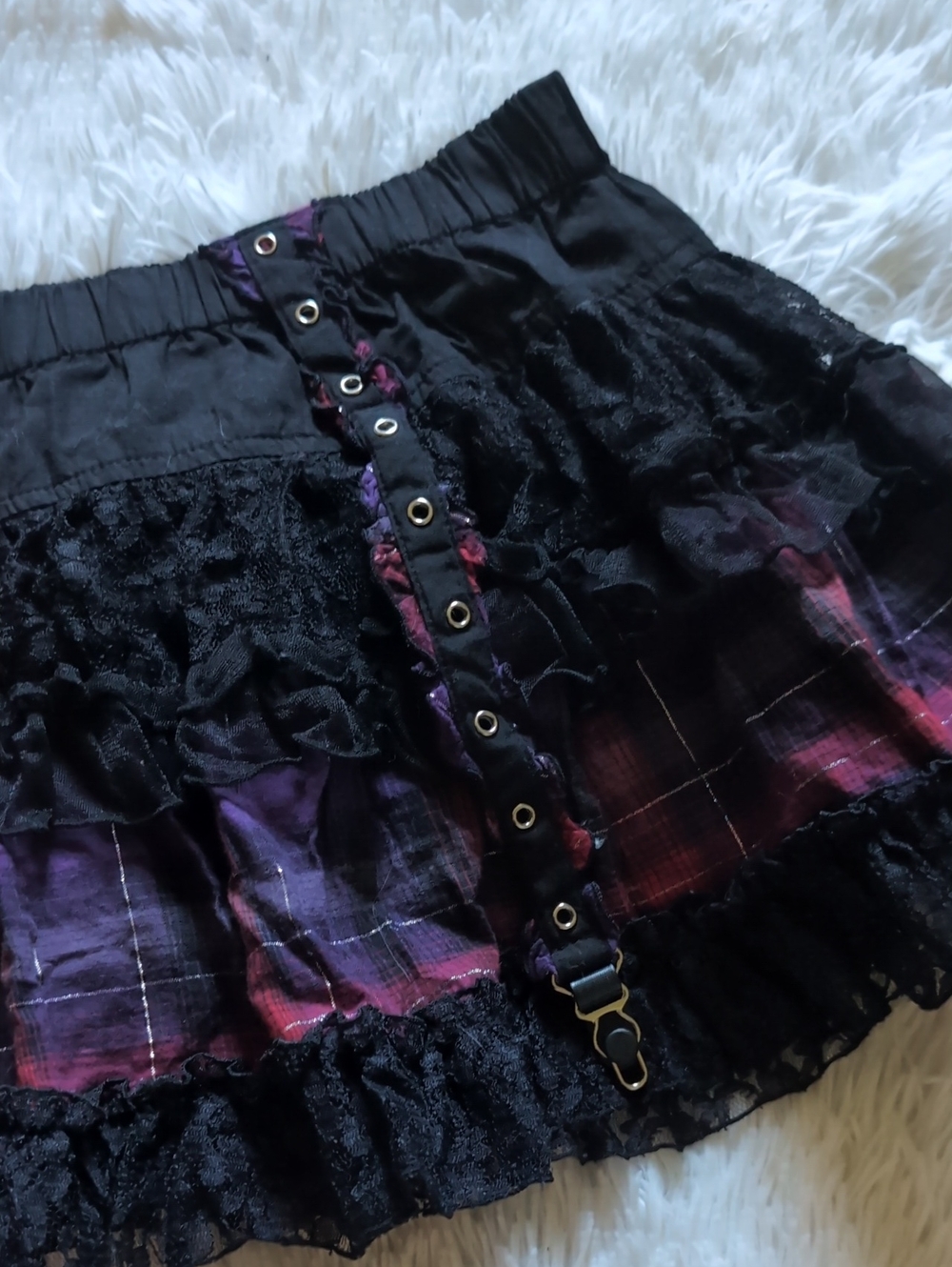 Y2K Tripp NYC Garter Strap Purple Plaid & Black Lace Gothic Mini Skirt XL - Picture 8 of 11